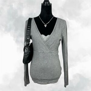 Guess Y2k Heather Gray Long Sleeve V neck Sweater Top